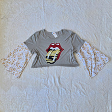 Load image into Gallery viewer, Rolling Stones Tshirt Upcycle Boho Sleeves Vintage Florals One of a Kind