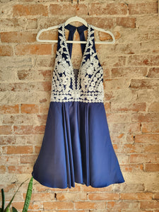 Boho Lace Overlay on Navy Halter Homecoming Dress