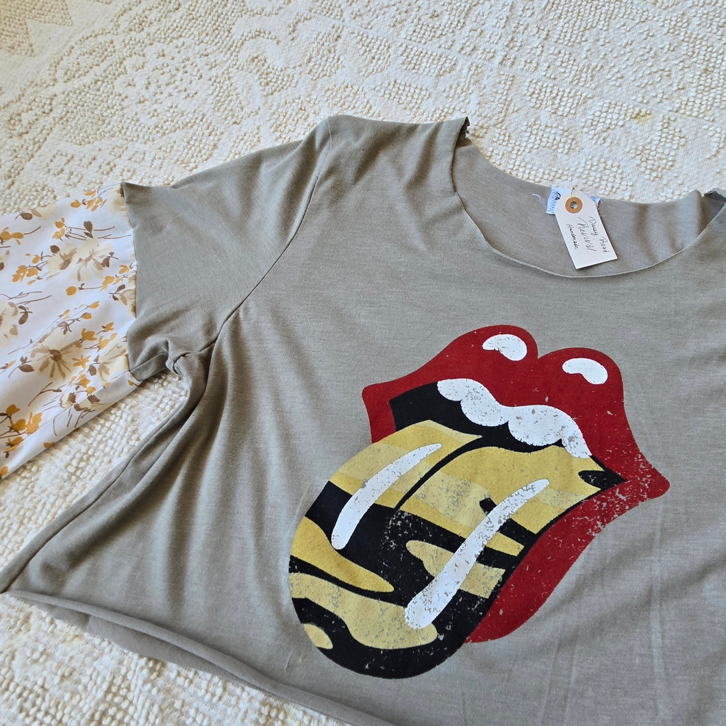 Rolling Stones Tshirt Upcycle Boho Sleeves Vintage Florals One of a Kind