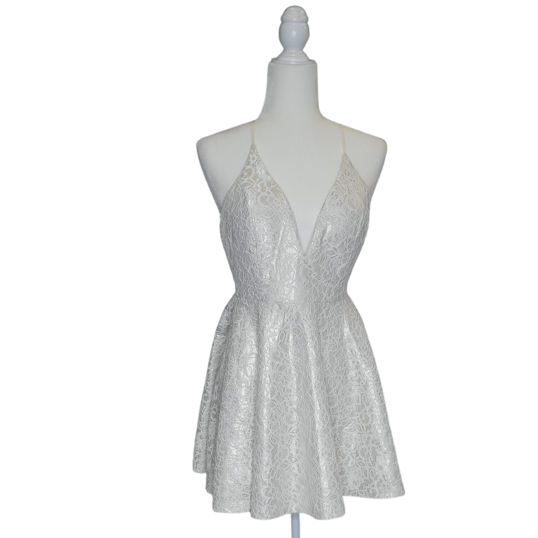 Windsor Mini Dress Low Cut Lace Overlay White Size L